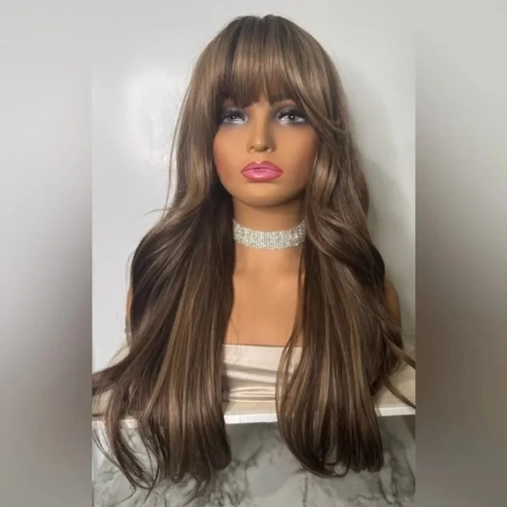Long Wavy Wig with Curtain Bangs – Medium Brown with Soft Caramel Highlights - Picture 12 of 13